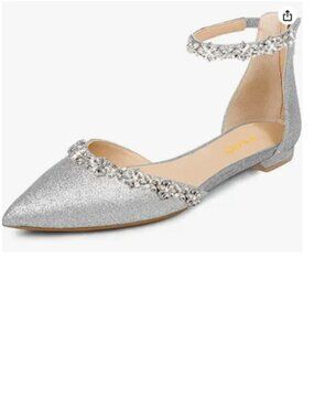 XYD Silver-glitter Pointed Toe D'Orsay Wedding Flat Sandals Sparkly Dress Shoes